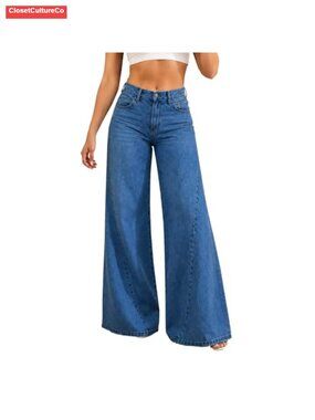 High Waist Stretch Wide Leg Flare Bell Bottom Jeans Loose Fit